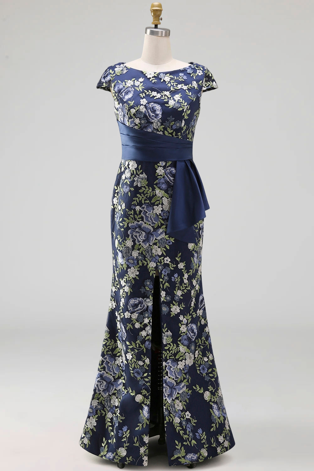 Navy Mermaid Floral Long Mother of the Bride Dress with Slit