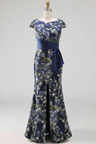 Navy Mermaid Floral Long Mother of the Bride Dress with Slit
