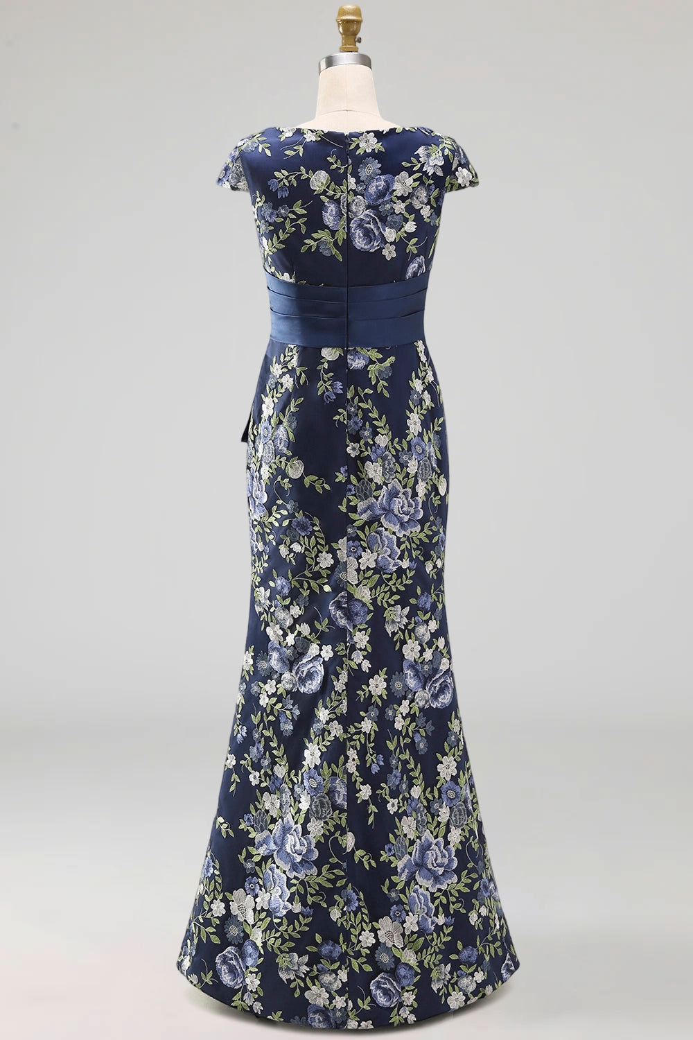 Navy Mermaid Floral Long Mother of the Bride Dress with Slit