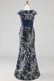 Navy Mermaid Floral Long Mother of the Bride Dress with Slit