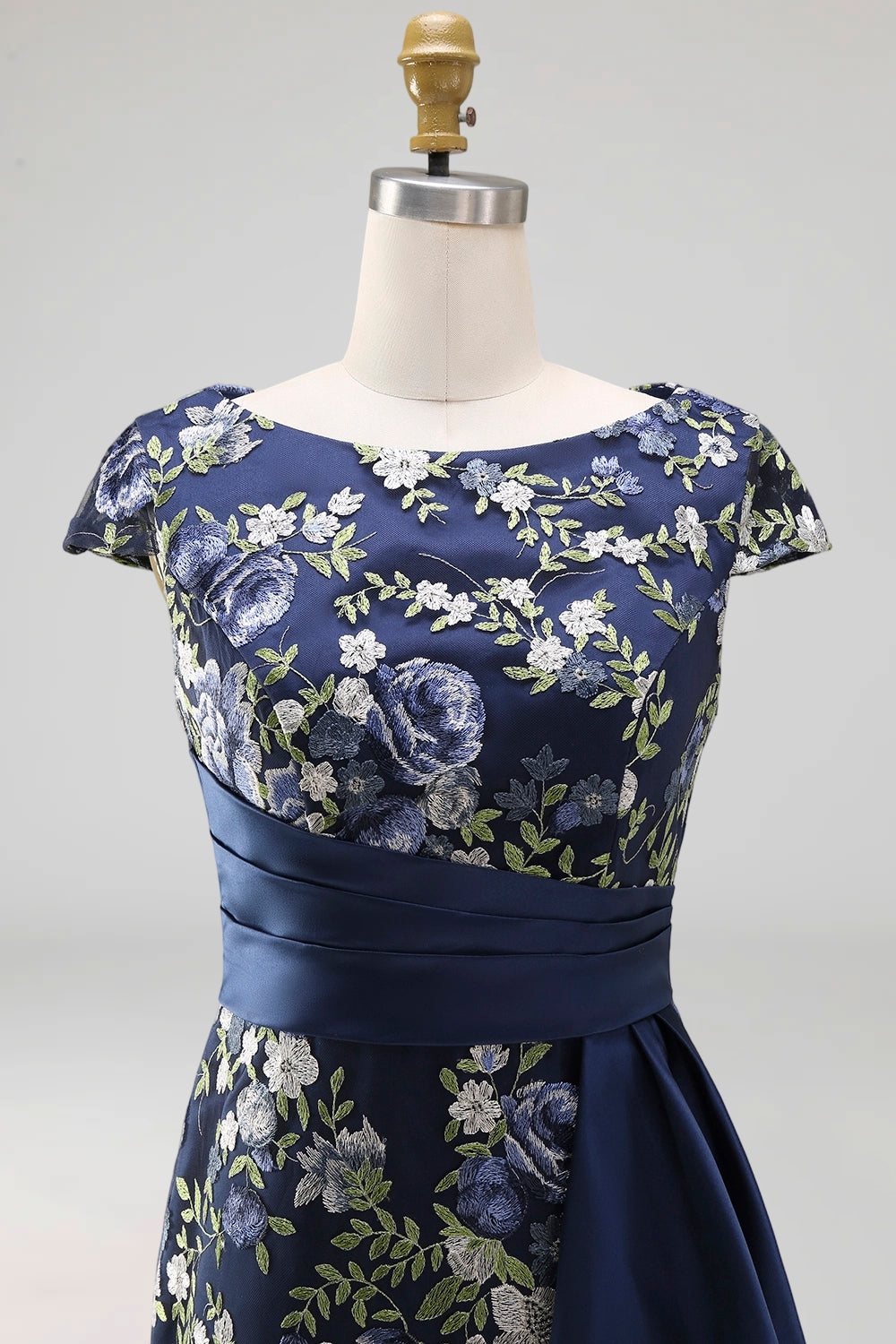 Navy Mermaid Floral Long Mother of the Bride Dress with Slit