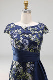 Navy Mermaid Floral Long Mother of the Bride Dress with Slit