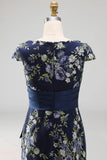 Navy Mermaid Floral Long Mother of the Bride Dress with Slit