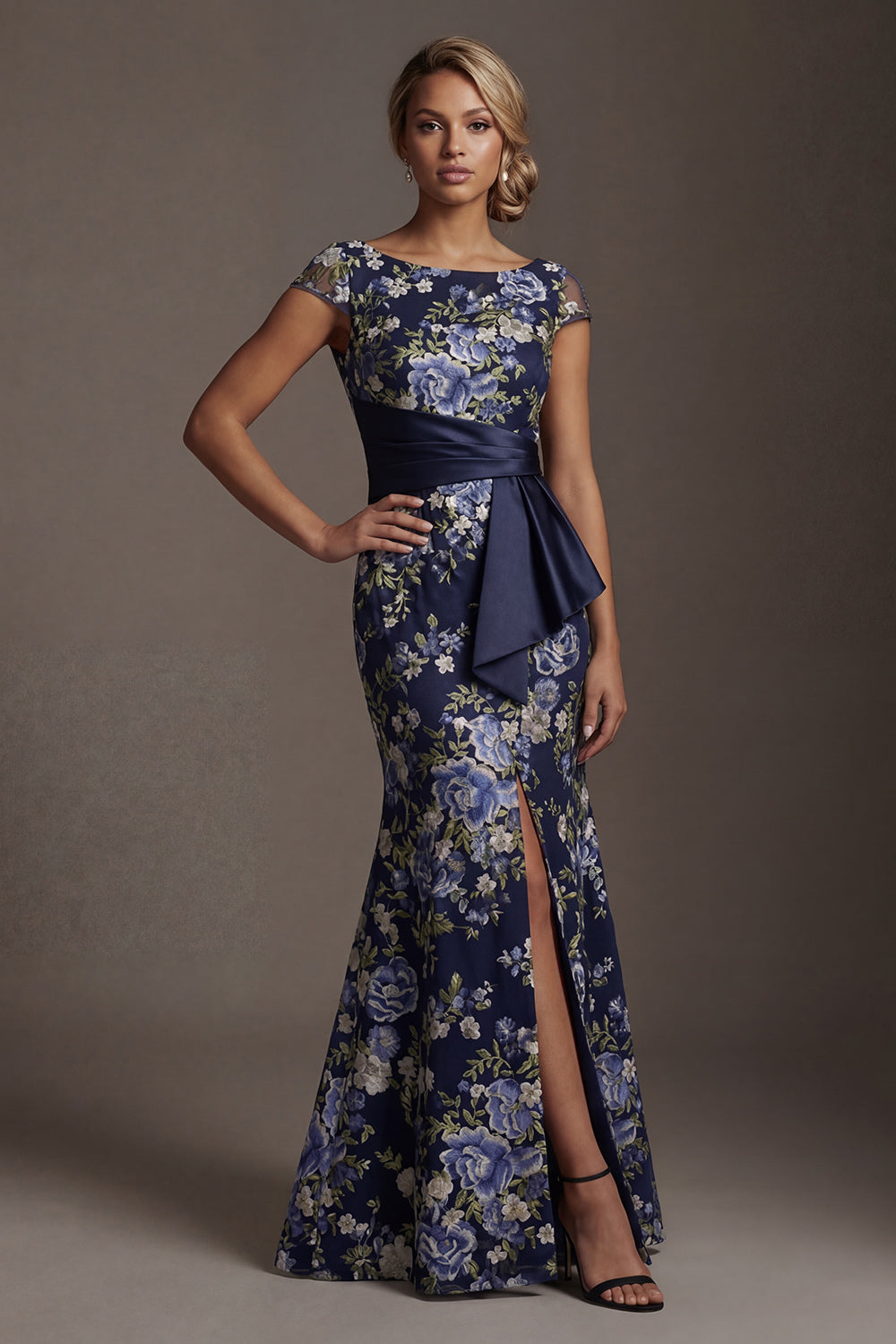 Navy Floral Long Mother of the Bride Dress Boat Neck Cap Sleeves Satin Mermaid Wedding Guest Dress with Slit