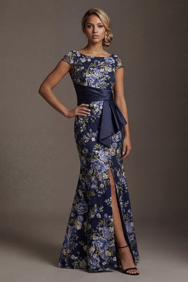 Navy Floral Long Mother of the Bride Dress Boat Neck Cap Sleeves Satin Mermaid Wedding Guest Dress with Slit