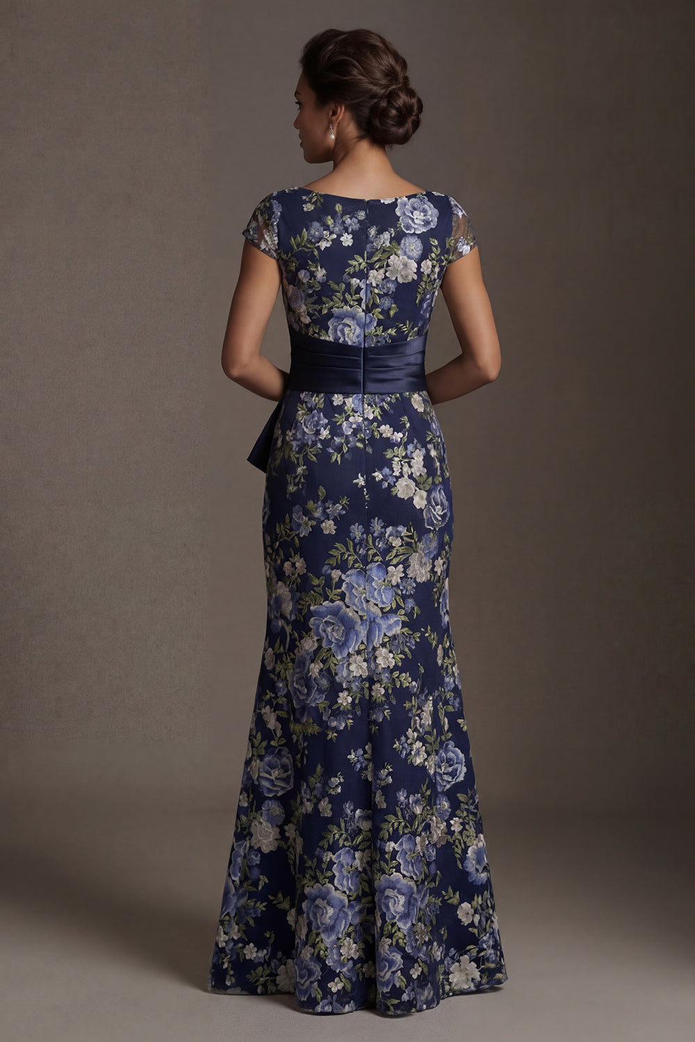 Navy Mermaid Floral Long Mother of the Bride Dress with Slit