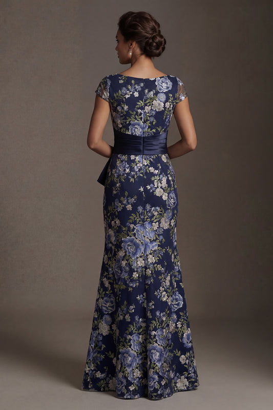 Navy Mermaid Floral Long Mother of the Bride Dress with Slit