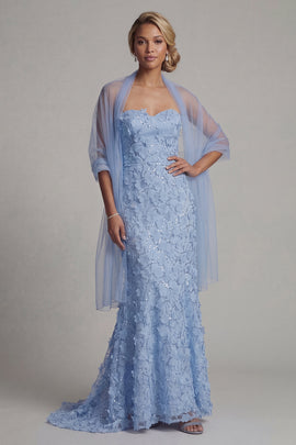 Sparkly Sky Blue Mermaid Floral Beaded Long Mother of the Bride Dress with Shawl