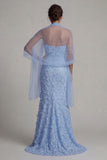 Sparkly Sky Blue Mermaid Floral Beaded Long Mother of the Bride Dress with Shawl