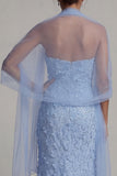 Sparkly Sky Blue Mermaid Floral Beaded Long Mother of the Bride Dress with Shawl