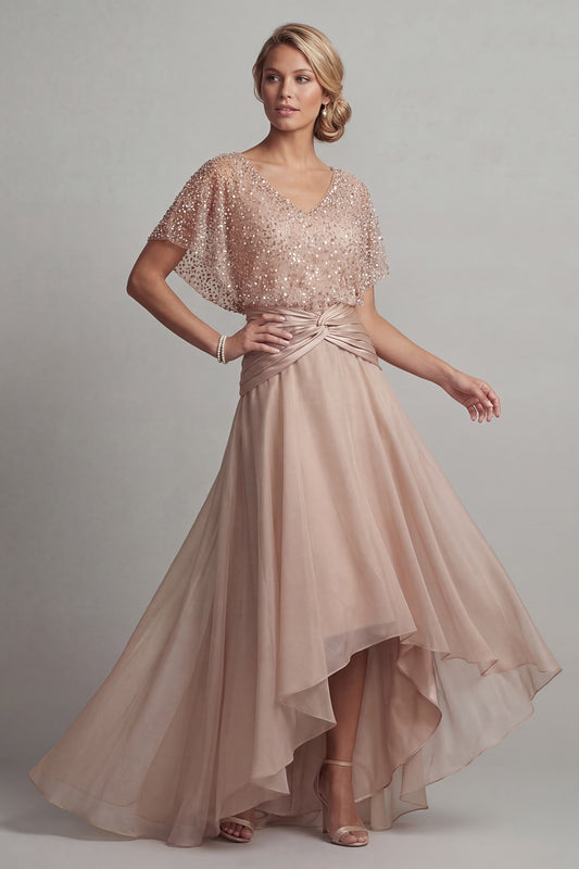 Sparkly Champagne Asymmetrical Ruched Sequin A Line Mother of the Bride Dress