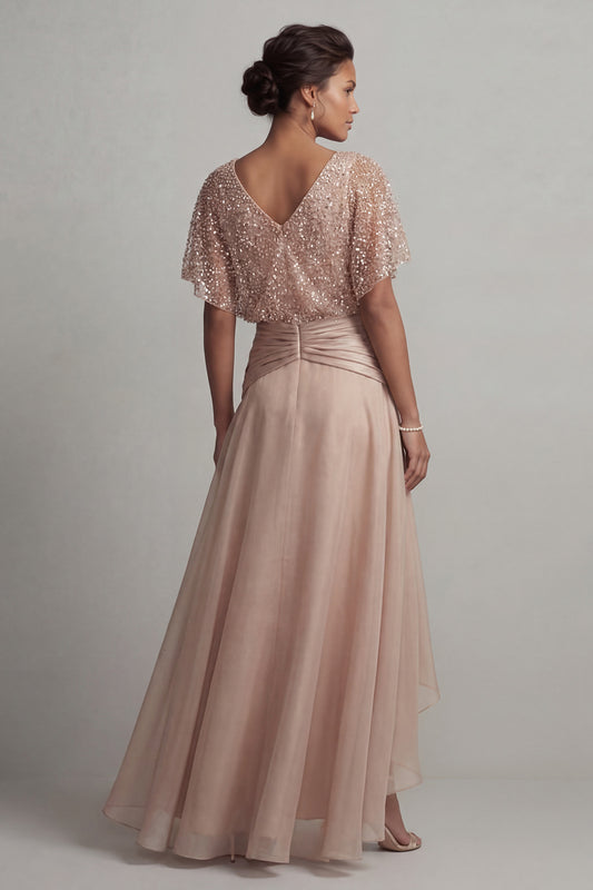 Sparkly Champagne Asymmetrical Ruched Sequin A Line Mother of the Bride Dress