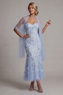 Floral Maxi Sparkly Sky Blue Mermaid Sequin Mother of the Bride Dress with Shawl