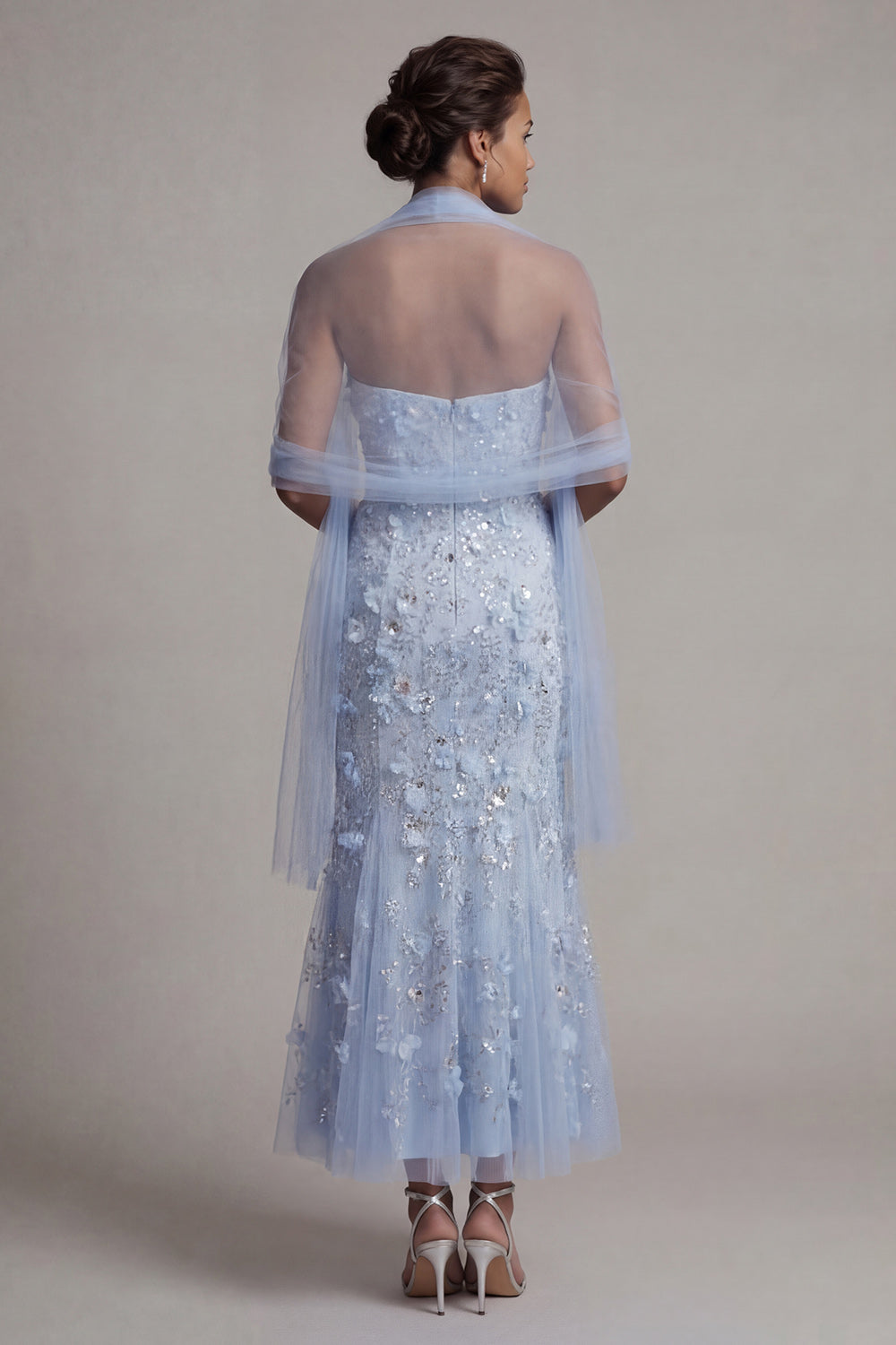 Floral Maxi Sparkly Sky Blue Mermaid Sequin Mother of the Bride Dress with Shawl
