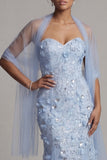 Floral Maxi Sparkly Sky Blue Mermaid Sequin Mother of the Bride Dress with Shawl