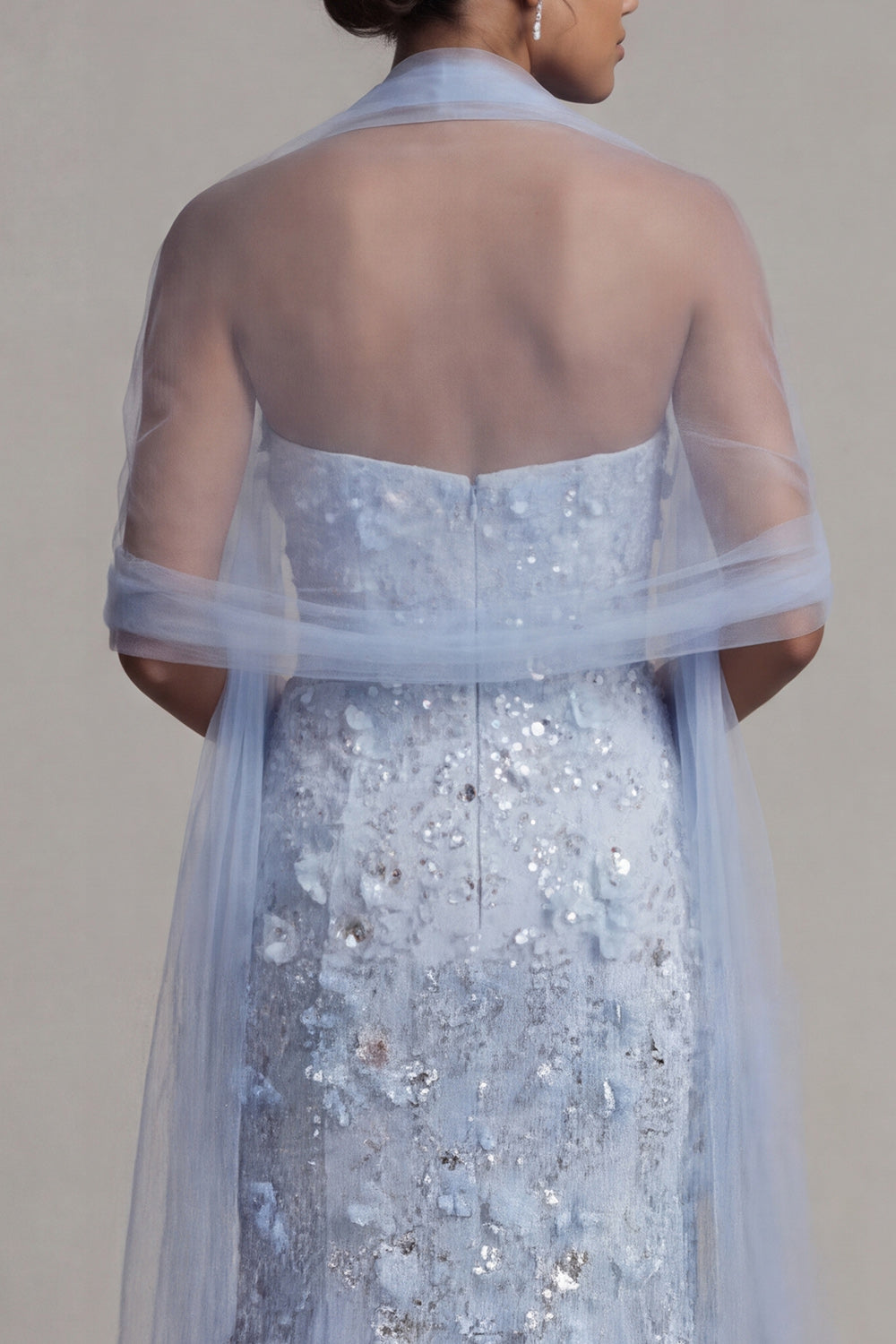 Floral Maxi Sparkly Sky Blue Mermaid Sequin Mother of the Bride Dress with Shawl