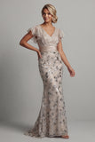 Sparkly Apricot Long Mother of the Bride Dress Sequin V-Neck Cap Sleeves Mermaid Wedding Guest Dress with Ruffles