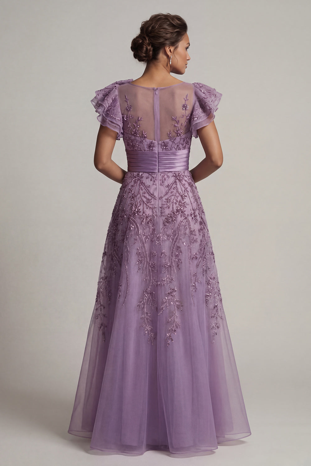 A Line Floral Long Purple Mother of the Bride Dress with Ruffles