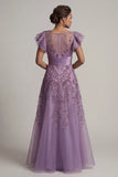 A Line Floral Long Purple Mother of the Bride Dress with Ruffles