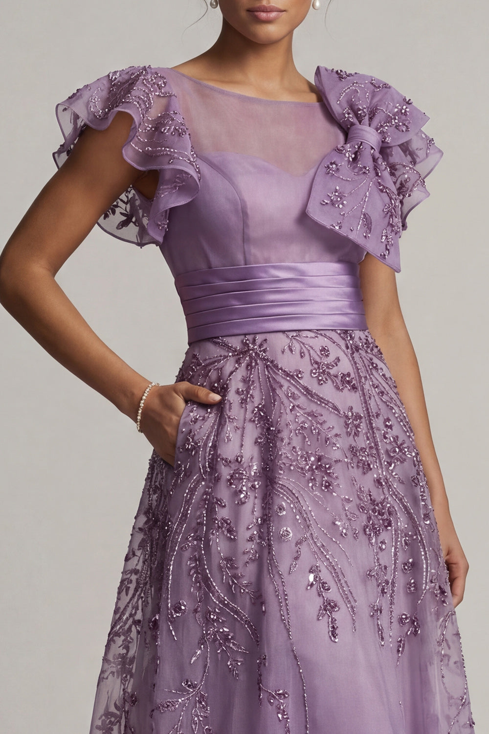 A Line Floral Long Purple Mother of the Bride Dress with Ruffles