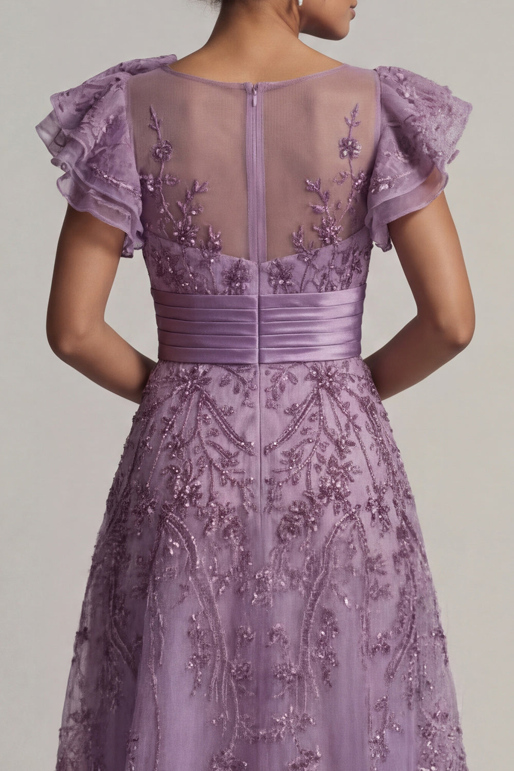 A Line Floral Long Purple Mother of the Bride Dress with Ruffles