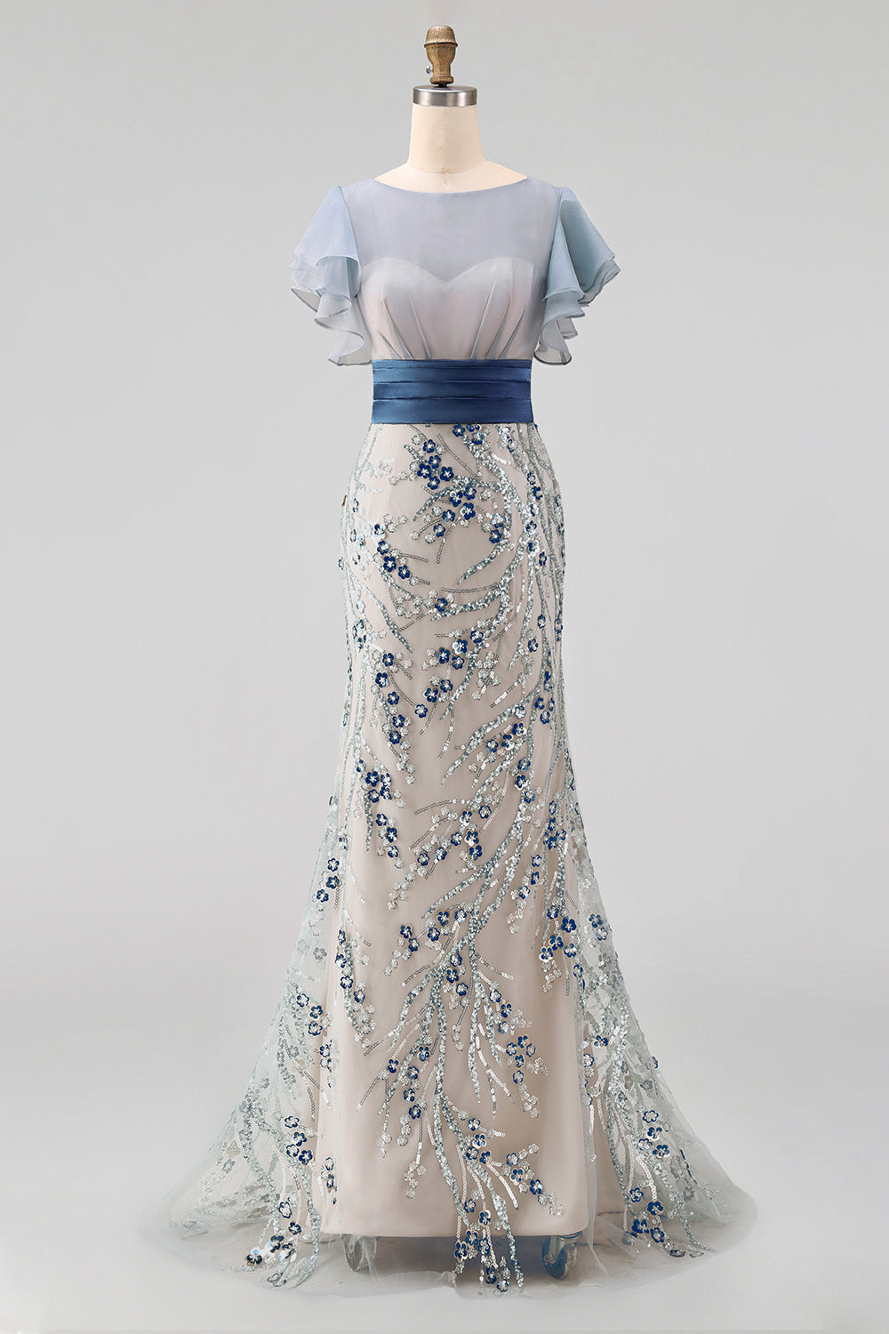 Floral Mermaid Long Dusty Blue Mother of the Bride Dress with Ruffles