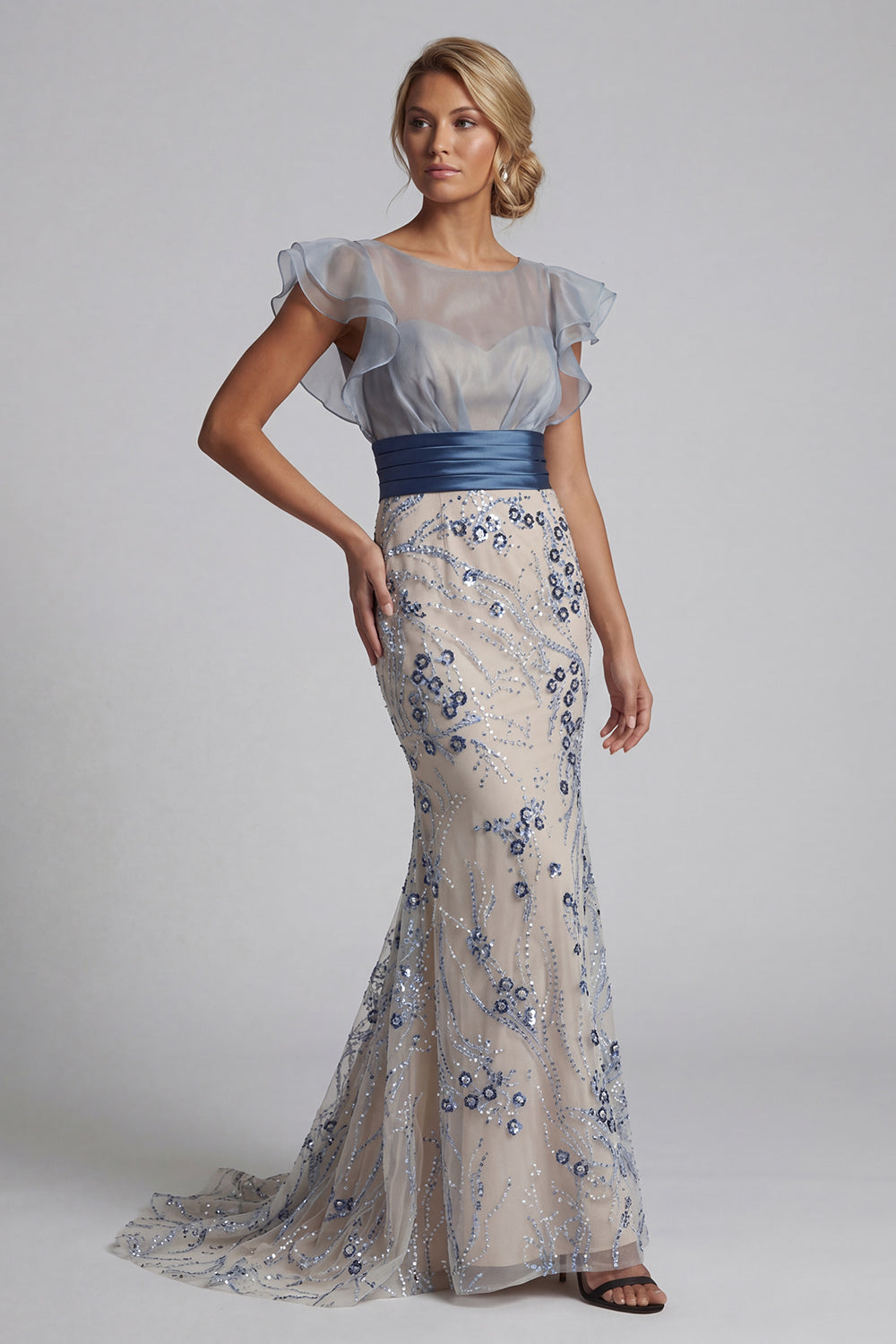 Zapakasa Women Dusty Blue Floral Long Mother of the Bride Dress with