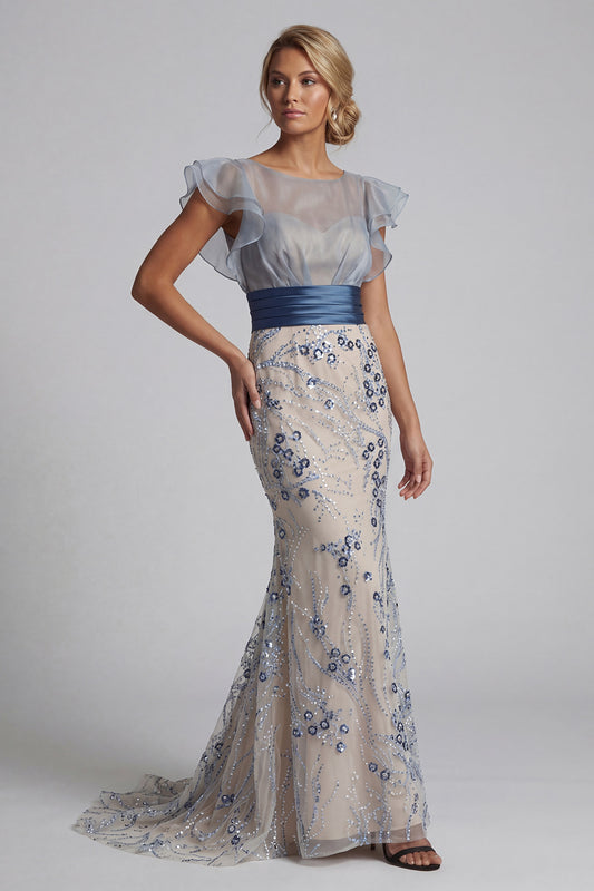 Floral Mermaid Long Dusty Blue Mother of the Bride Dress with Ruffles