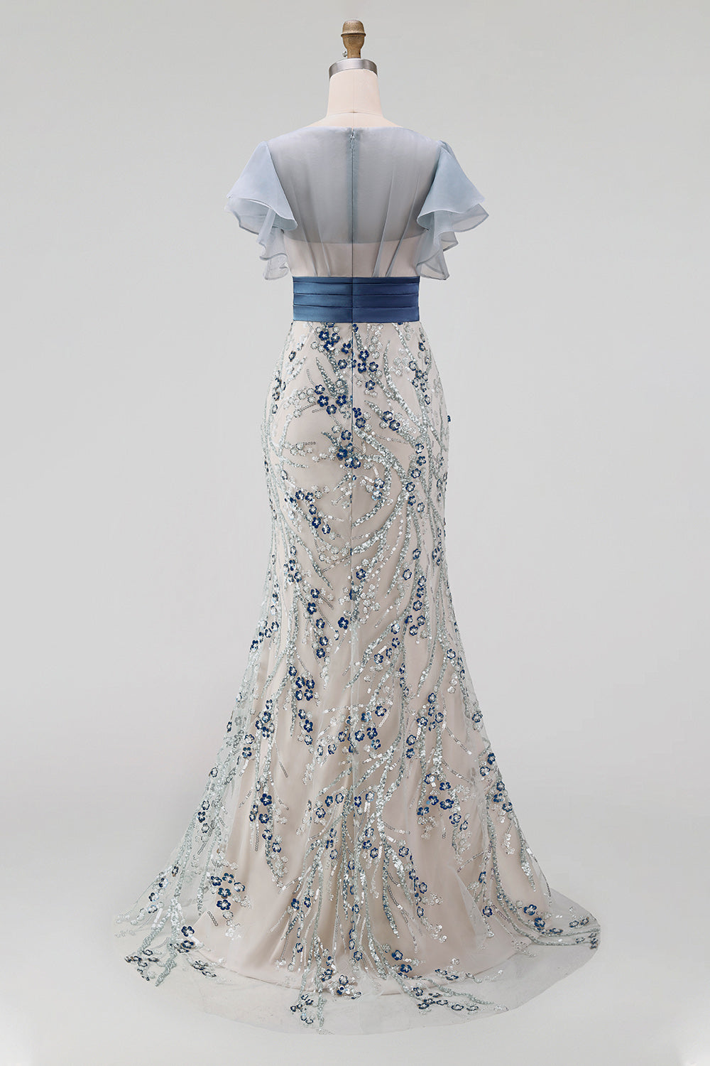 Floral Mermaid Long Dusty Blue Mother of the Bride Dress with Ruffles