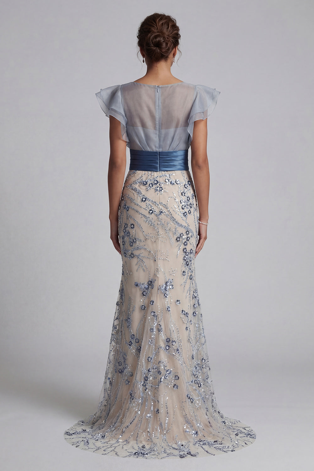 Floral Mermaid Long Dusty Blue Mother of the Bride Dress with Ruffles