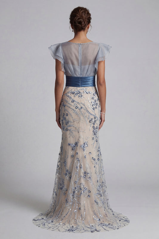 Floral Mermaid Long Dusty Blue Mother of the Bride Dress with Ruffles