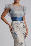 Floral Mermaid Long Dusty Blue Mother of the Bride Dress with Ruffles