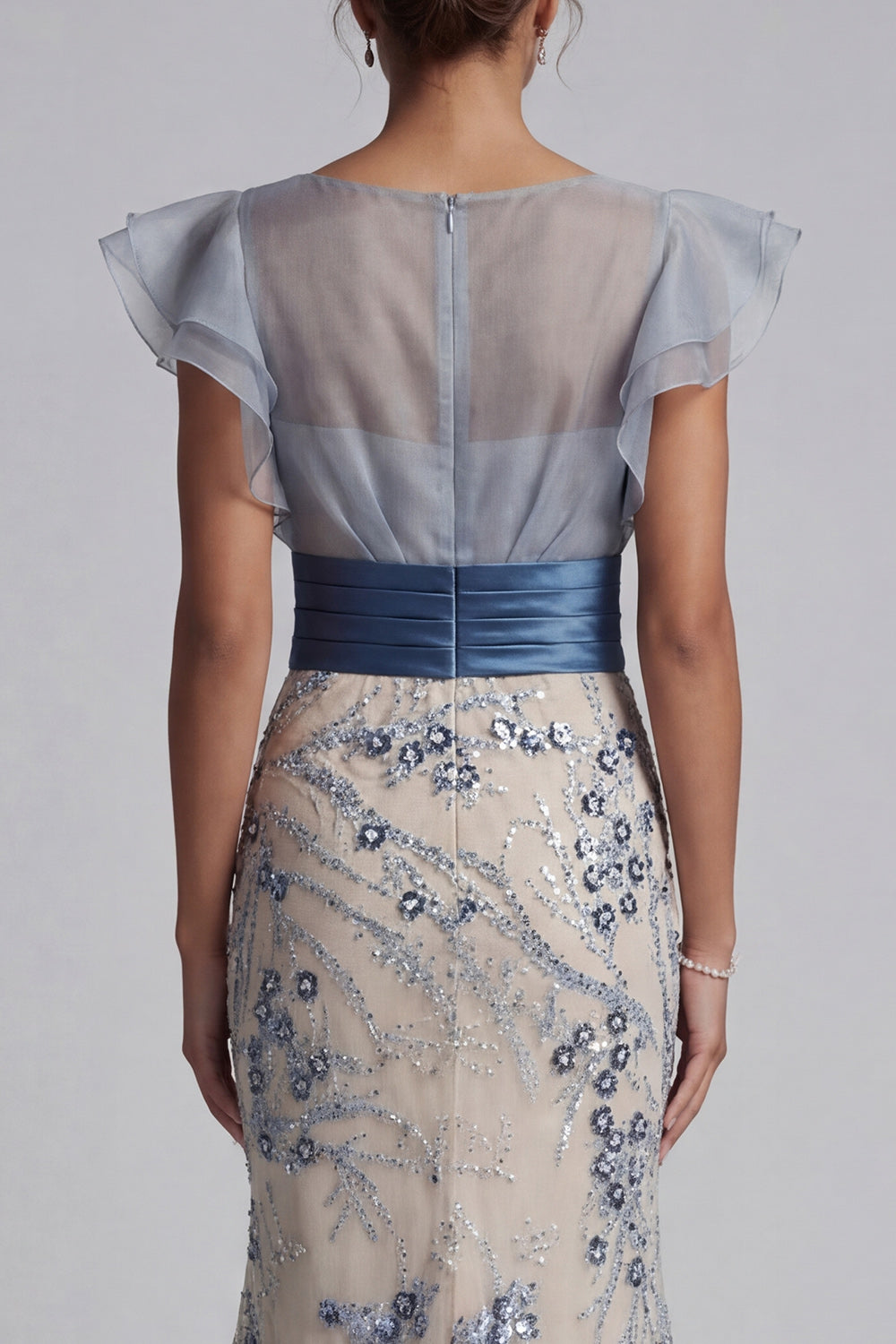 Floral Mermaid Long Dusty Blue Mother of the Bride Dress with Ruffles