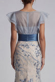Floral Mermaid Long Dusty Blue Mother of the Bride Dress with Ruffles
