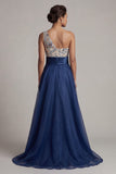 Navy A Line Floral Long One Shoulder Mother of the Bride Dress