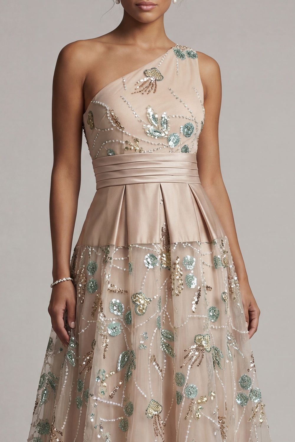 A Line Floral Long Sparkly Champagne Sequin Mother of the Bride Dress