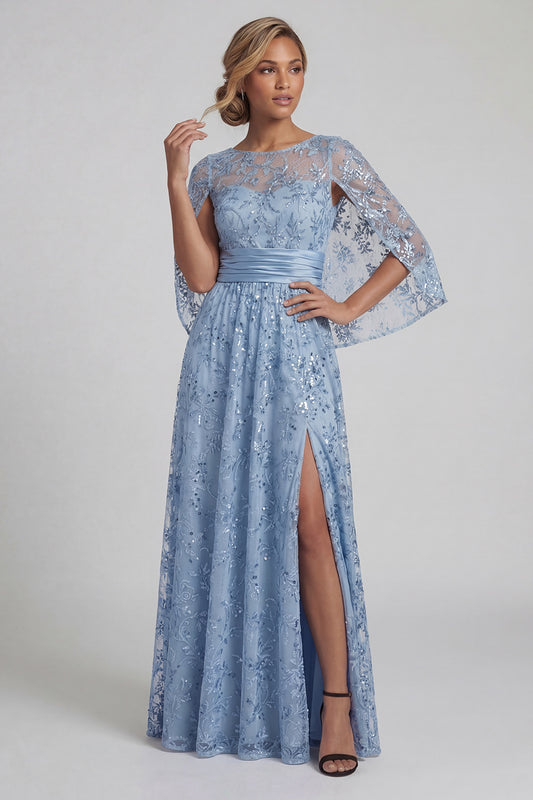 A Line Floral Long Sparkly Sky Blue Sequin Mother of the Bride Dress with Slit