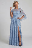 A Line Floral Long Sparkly Sky Blue Sequin Mother of the Bride Dress with Slit