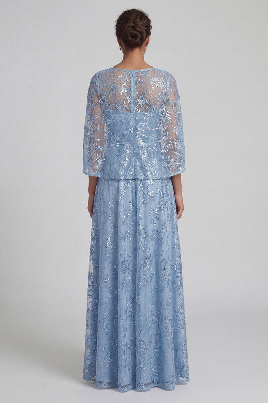 A Line Floral Long Sparkly Sky Blue Sequin Mother of the Bride Dress with Slit