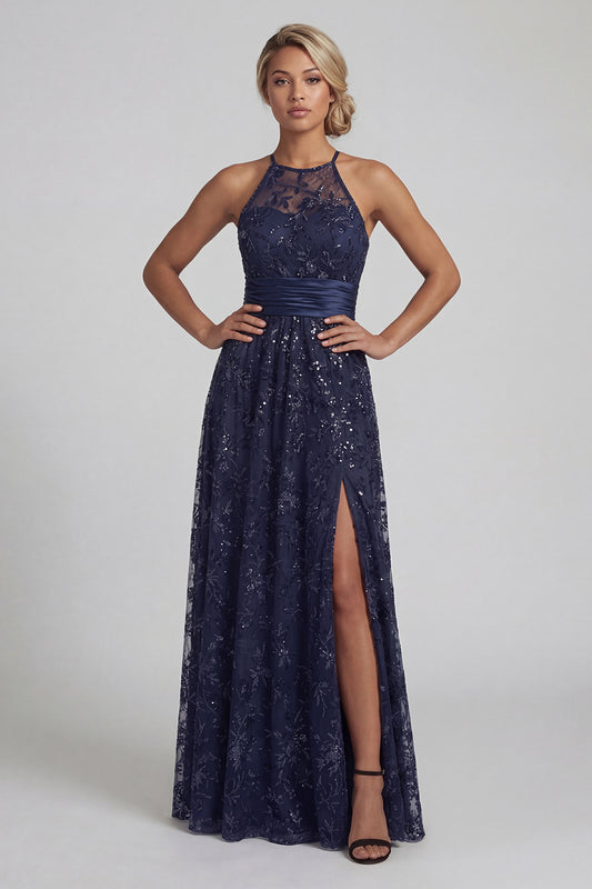 Floral Long Sparkly Navy Sequin A Line Mother of the Bride Dress with Slit