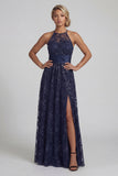 Floral Long Sparkly Navy Sequin A Line Mother of the Bride Dress with Slit