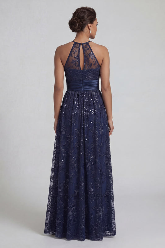 Floral Long Sparkly Navy Sequin A Line Mother of the Bride Dress with Slit