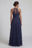 Floral Long Sparkly Navy Sequin A Line Mother of the Bride Dress with Slit