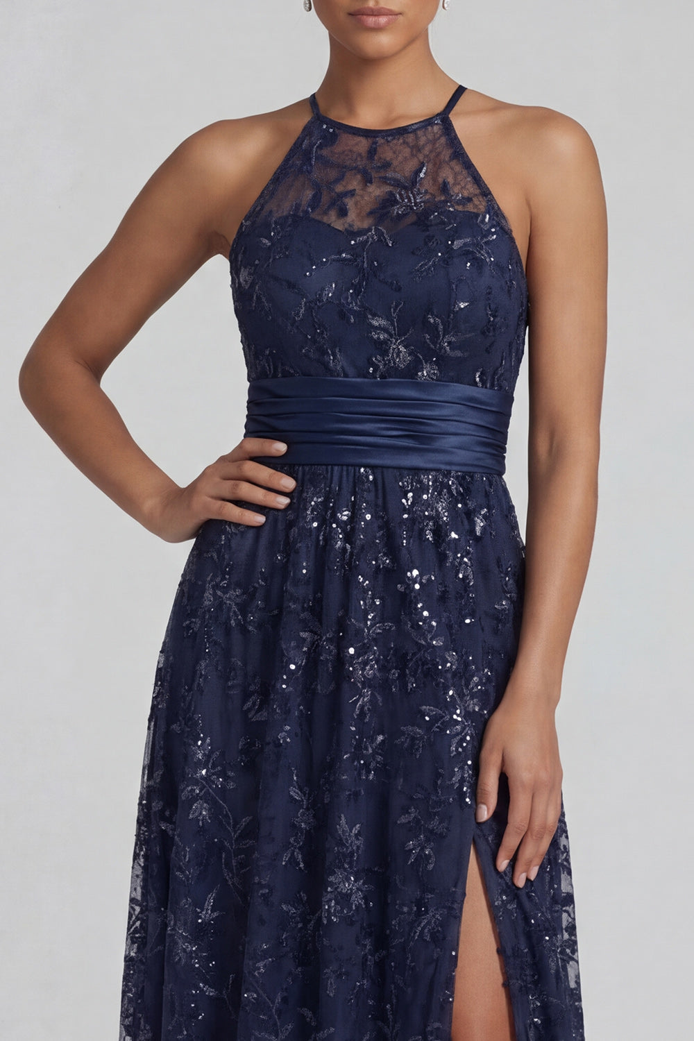 Floral Long Sparkly Navy Sequin A Line Mother of the Bride Dress with Slit