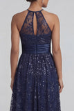 Floral Long Sparkly Navy Sequin A Line Mother of the Bride Dress with Slit