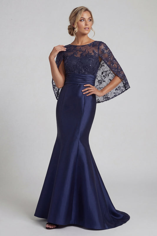 Floral Long Sparkly Navy Sequin Mermaid Mother of the Bride Dress with Cape