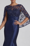 Floral Long Sparkly Navy Sequin Mermaid Mother of the Bride Dress with Cape