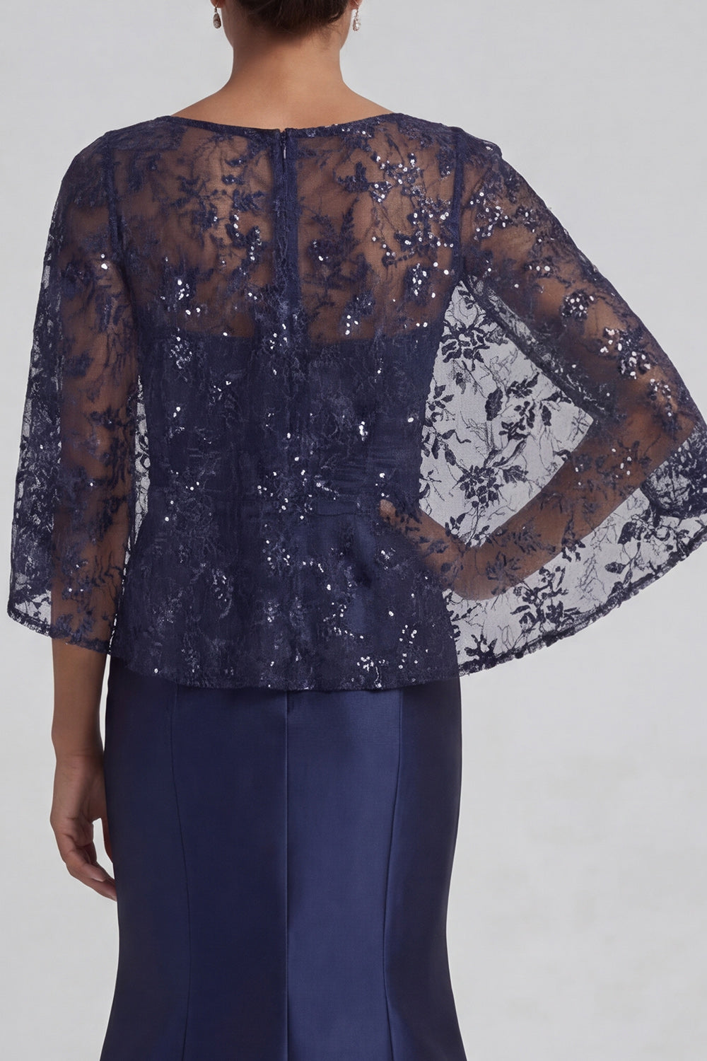 Floral Long Sparkly Navy Sequin Mermaid Mother of the Bride Dress with Cape