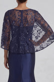 Floral Long Sparkly Navy Sequin Mermaid Mother of the Bride Dress with Cape