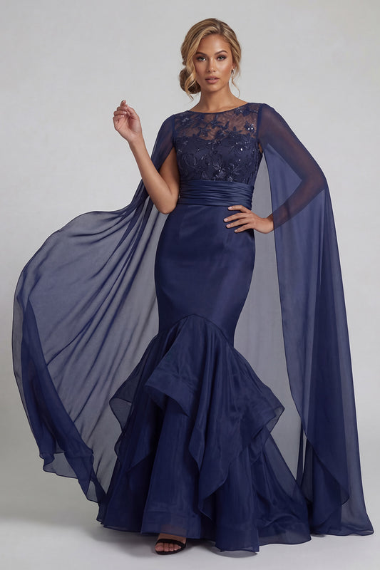 Floral Long Navy Mermaid Mother of the Bride Dress with Ruffles